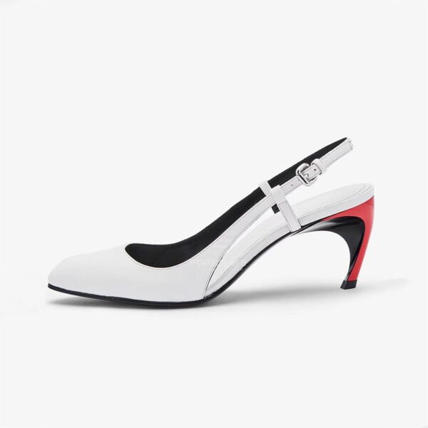 Round head, shallow mouth, slim heel, belt buckle, white sandals  style color blocking irregular high heels