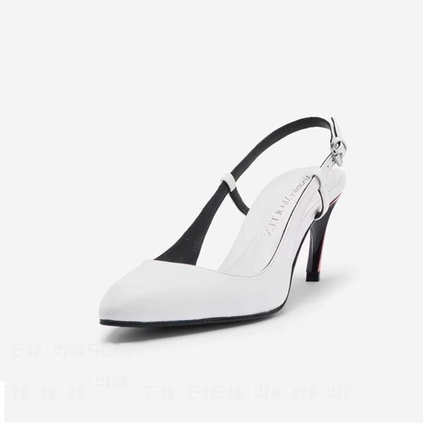 Round head, shallow mouth, slim heel, belt buckle, white sandals  style color blocking irregular high heels – Image 6