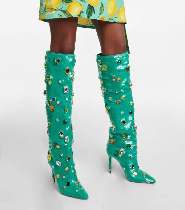 Bottes hautes à paillettes et bout pointu de couleur vert, chaussures à la mode avec décor en cristal coloré – Image 2