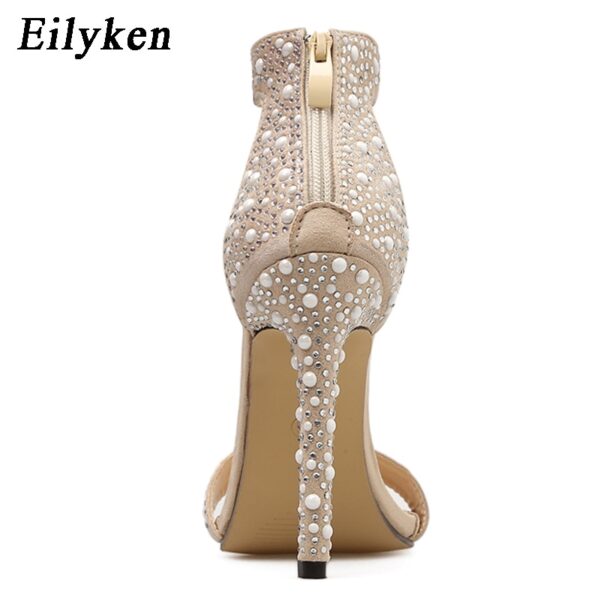 Sandales à talon haut femme beige strass et plume style très chic. – Image 4