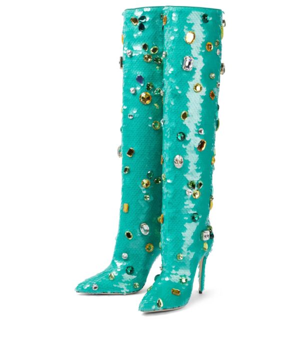 Bottes hautes à paillettes et bout pointu de couleur vert, chaussures à la mode avec décor en cristal coloré