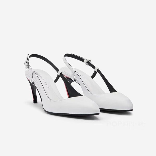 Round head, shallow mouth, slim heel, belt buckle, white sandals  style color blocking irregular high heels – Image 5