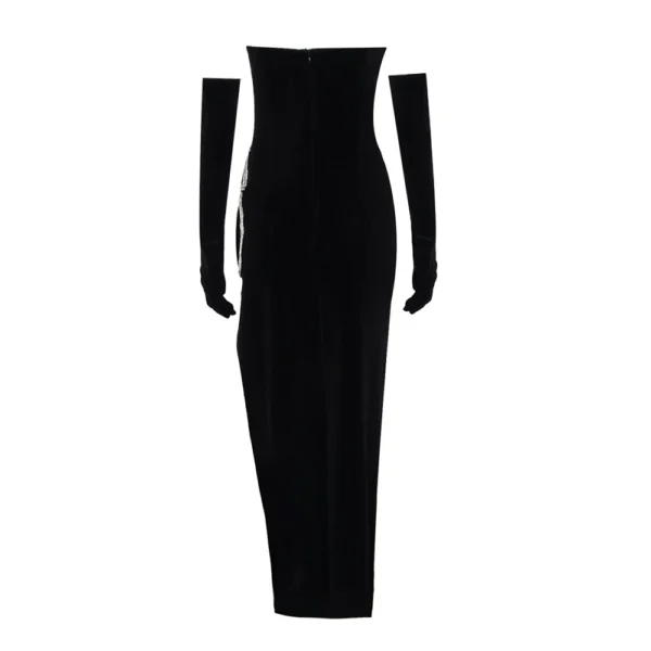 Robe de soirée en velours noir pour femme, tenue sexy à fente haute, design en cristal, pour occasions formelles, avec manches longues et gants – Image 2