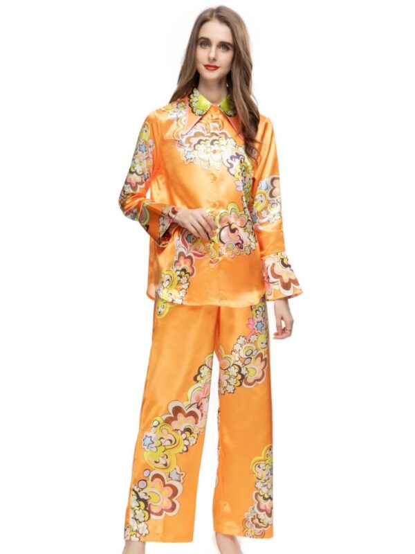 Ensemble décontracté femmes satiné revers imprimé simple boutonnage fleur haut de couleur + taille élastique pantalon droit 2 pièces ensemble – Image 2