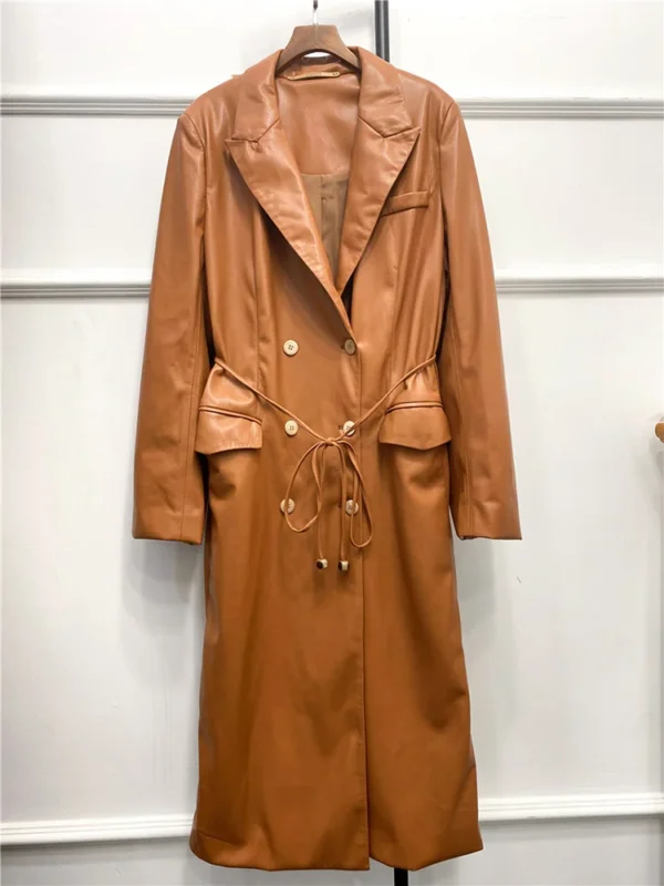 Trench-Coat en cuir PU haut de gamme pour femmes, coupe-vent Slim à la taille crantée à manches longues, à la mode – Image 4