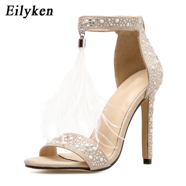 Sandales à talon haut femme beige strass et plume style très chic. – Image 2