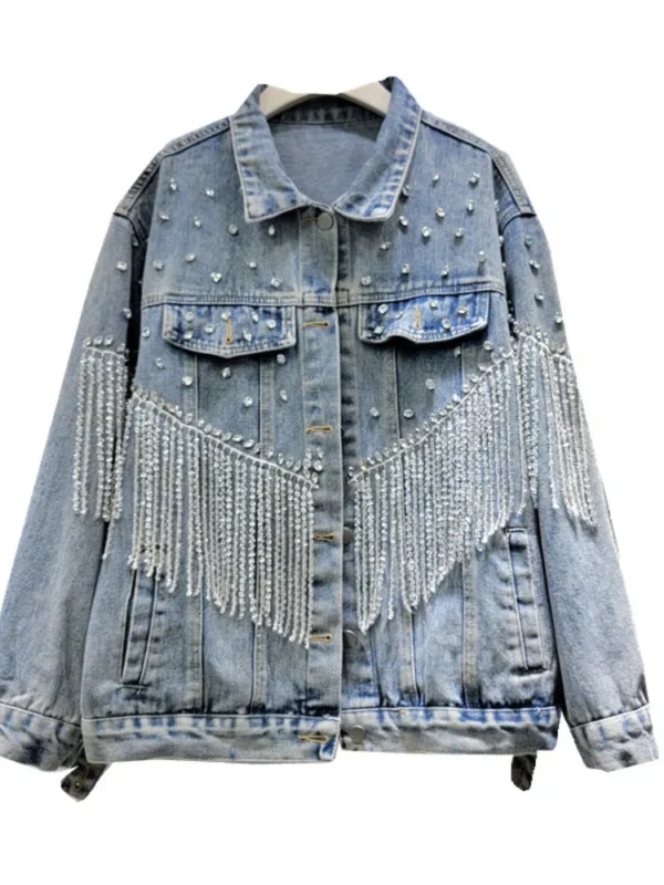 Veste en Jean Denim incrustés de bijoux pour femme