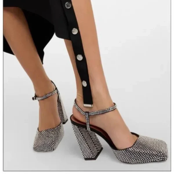 Sandales à talons hauts et à bouts épais en strass pour femmes, chaussures simples rétro Mary Jane, à la mode et sexy, européennes et américaines – Image 3